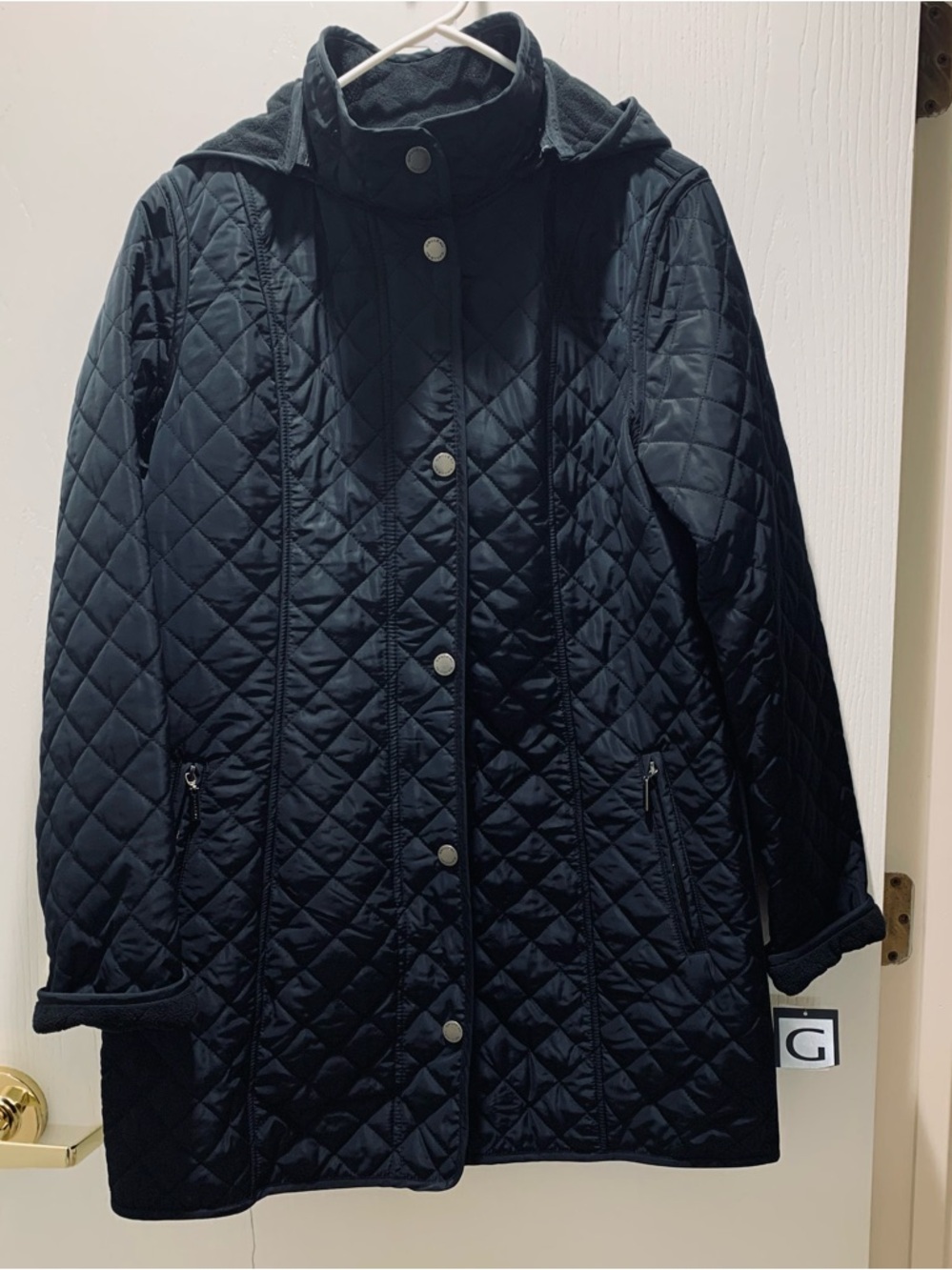 Funnel Neck Black Quilted Hooded Mid Length Transitional Season Jacket NWT